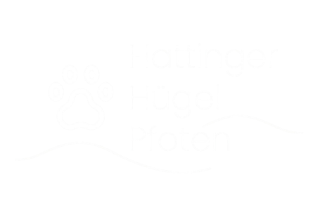 Logo mit Pfotenabdruck und angedeuteten Hügeln zusätzlich zu den Worten "Hattinger Hügel Pfoten" in weiß mit transparentem Hintergrund