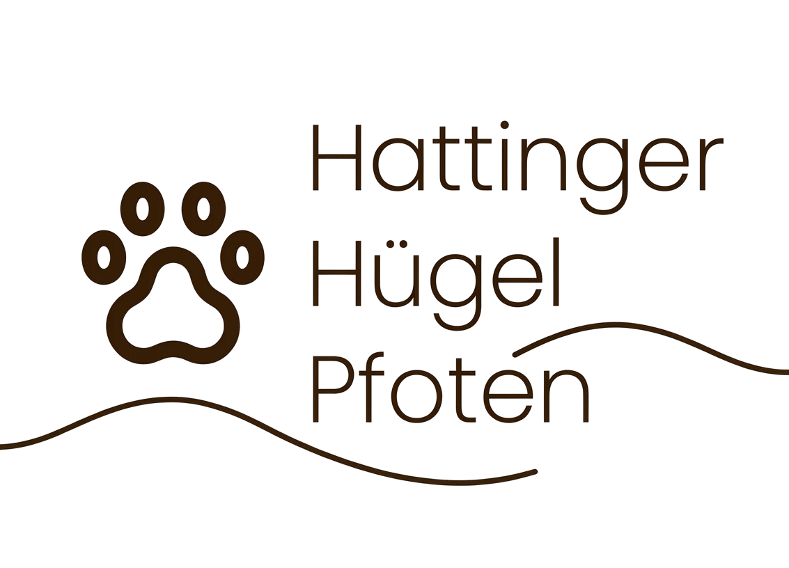Logo mit Pfotenabdruck und angedeuteten Hügeln zusätzlich zu den Worten "Hattinger Hügel Pfoten" in dunkelbraun.