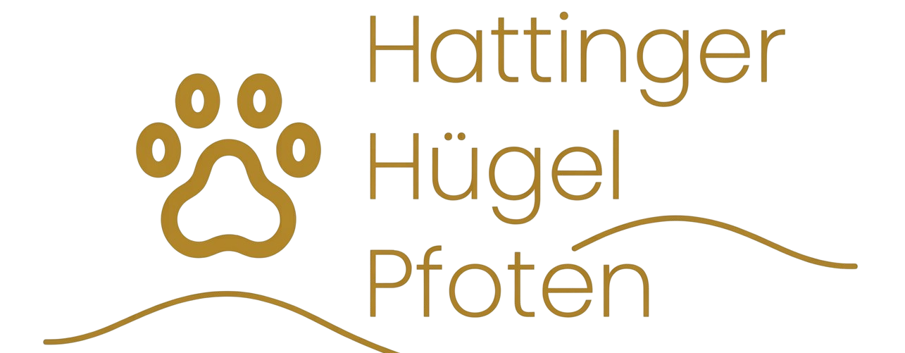Logo mit Pfotenabdruck und angedeuteten Hügeln zusätzlich zu den Worten "Hattinger Hügel Pfoten" in Gold.